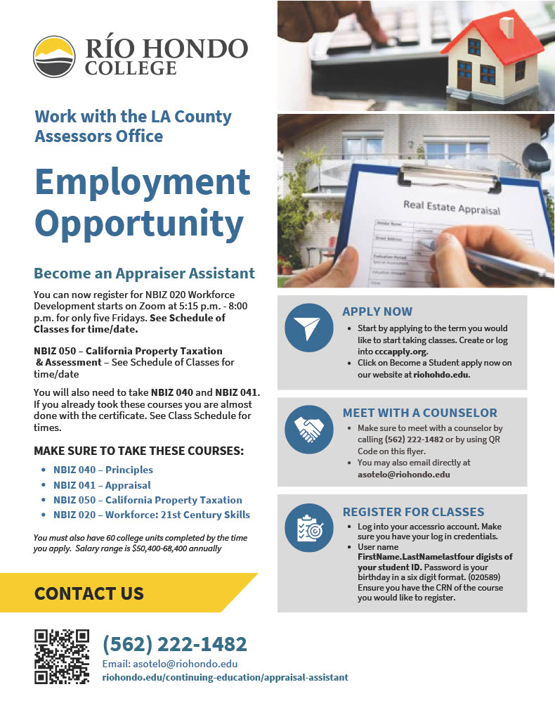 Flyer for Río Hondo College and LA County Assessors Office announcing an employment opportunity for appraiser assistants, listing course info, application steps, and contact details.