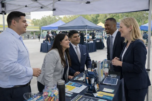 Students networking with law school representatives