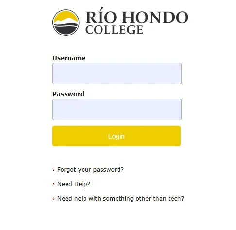 Río Hondo College login page with fields for username and password, a yellow login button, and three help links below.