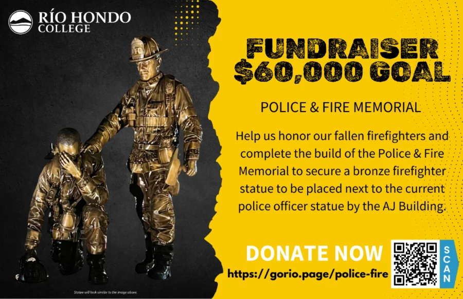 Two bronze firefighter statues stand next to each other, promoting a $60,000 fundraiser for Río Hondo College’s Police & Fire Memorial.