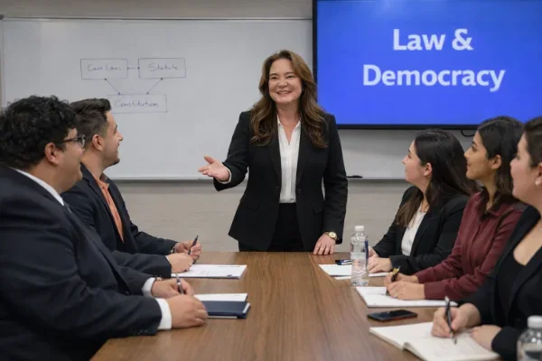 Law school representatives engaging with prospective students