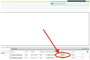 Screenshot of a course registration page showing the status "Waitlisted" highlighted in green for a class, with a red arrow pointing to it.