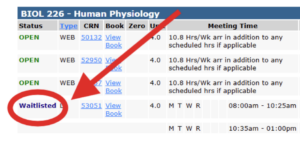 A course registration table for BIOL 226 showing multiple OPEN sections and one section marked as Waitlisted, highlighted with a red arrow.