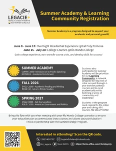Flyer for Legacie+ Summer Academy & Learning Community Registration, outlining program dates, course offerings, application steps, and contact information for Rio Hondo College students.