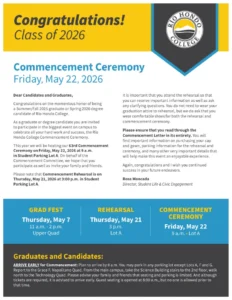 Rio Hondo College flyer with details about the Class of 2026 commencement ceremony, rehearsal, and grad fest, including dates, times, and parking information.