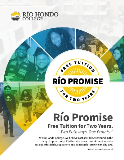 Promotional flyer for Río Hondo College's "Río Promise" offer of two years free tuition, featuring a circular collage of diverse students and the college logo.