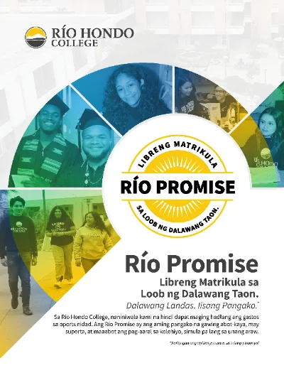 Poster for Rio Hondo College’s Rio Promise program, offering two years of free tuition; features diverse students and program details in Filipino and English.