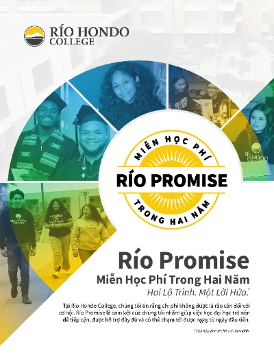 Flyer for Rio Hondo College's "Río Promise" program offering free tuition for two years, with images of diverse students in graduation attire and casual clothes.
