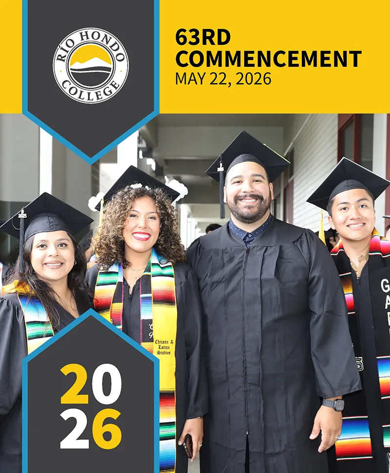 Four graduates in caps and gowns smile at Rio Hondo College's 63rd commencement ceremony on May 22, 2026.