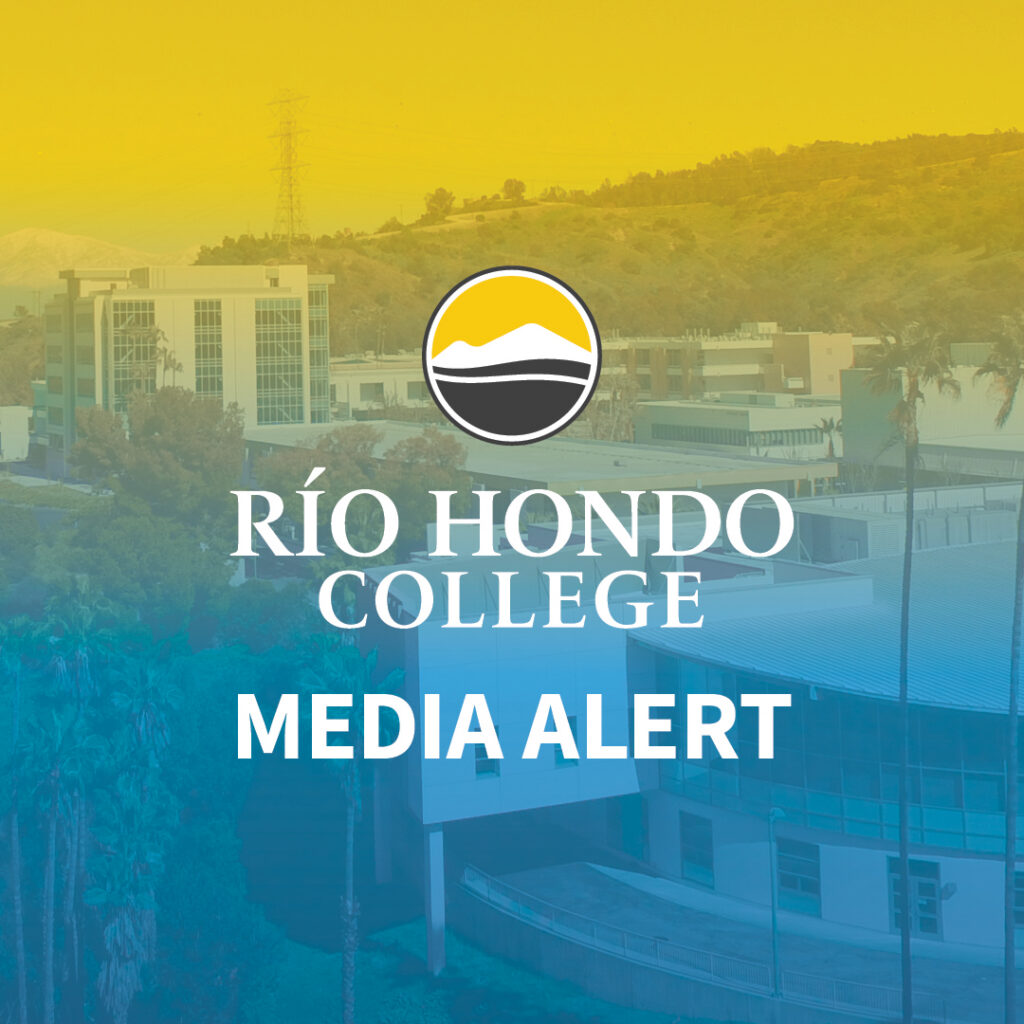 Río Hondo College logo and text "MEDIA ALERT" over a background image of the college campus with hills in the distance.