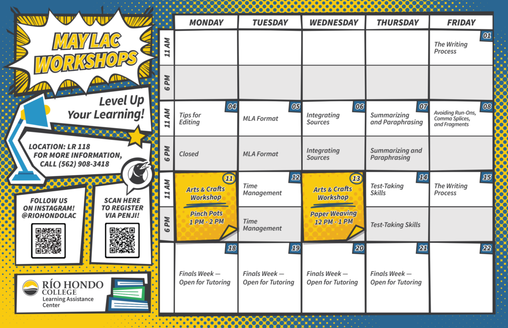 May 2026 workshop calendar for Río Hondo College Learning Assistance Center with events, times, and contact info listed. Workshops include test-taking, MLA format, arts & crafts, and writing.