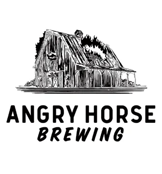 Black and white illustration of a barn above the text "ANGRY HORSE BREWING" in bold, uppercase, stylized fonts, offering a taste of Rio with every pour.