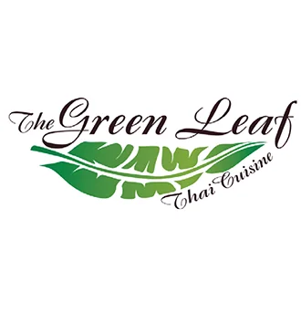 Logo for The Green Leaf Thai Cuisine, featuring stylized green leaves and the restaurant name in cursive text, capturing a fresh vibe reminiscent of a taste of Rio.