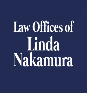 White text on a dark blue background reads "Law Offices of Linda Nakamura," adding a touch of professionalism with a taste of Rio flair.