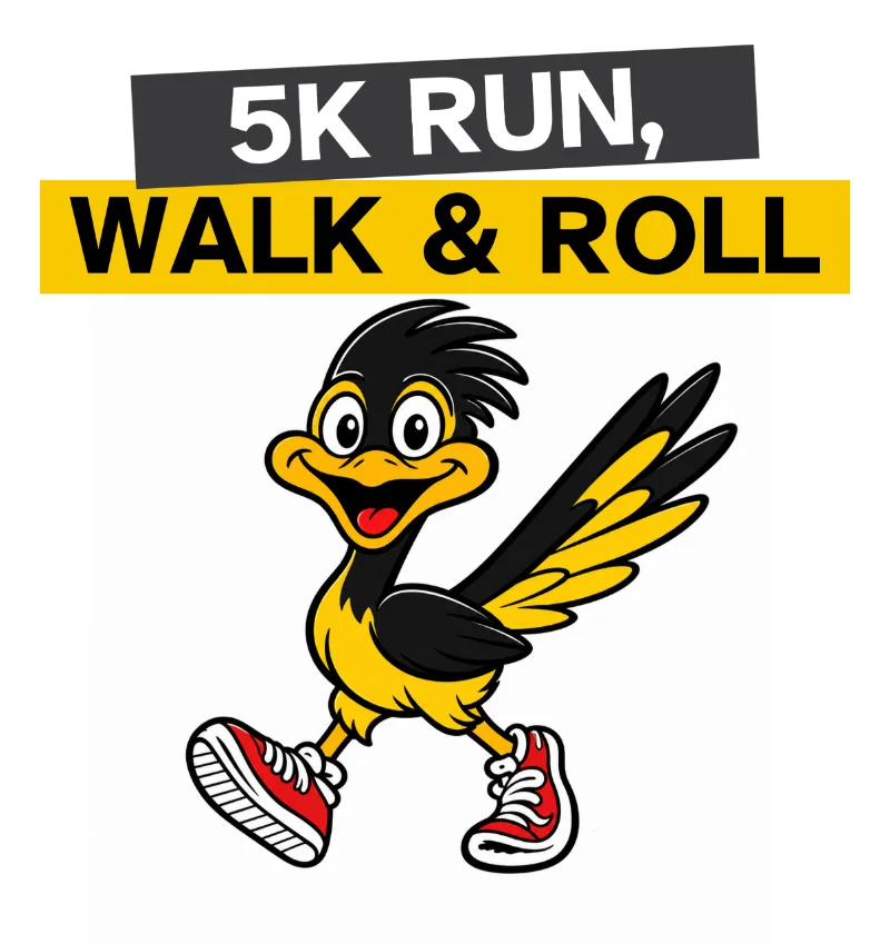 Cartoon roadrunner wearing red sneakers under text that reads "5K Run, Walk & Roll" in bold black and yellow blocks.