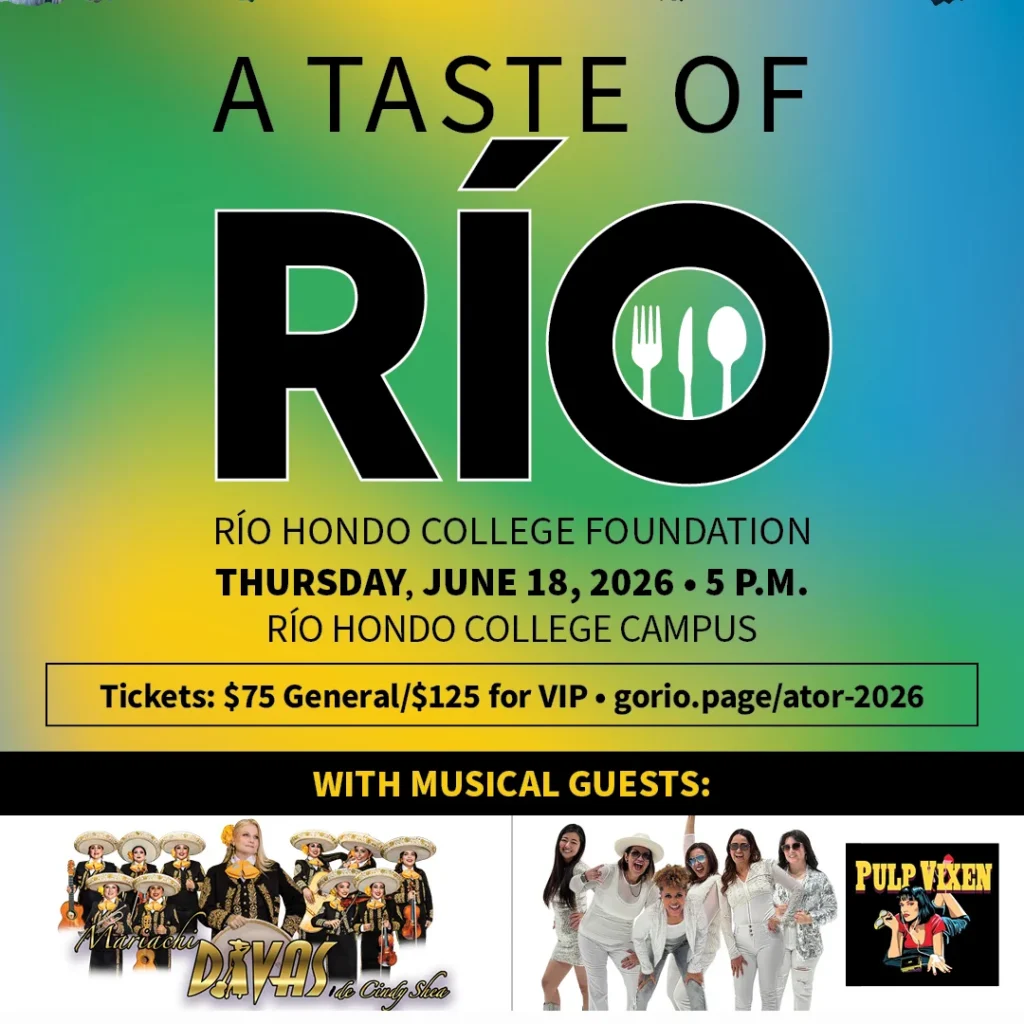 Event flyer for "A Taste of Río" at Río Hondo College on June 18, 2026, with ticket prices and musical guests including Mariachi Divas and Pulp Vixen.