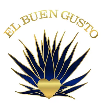 Logo with the text "EL BUEN GUSTO" above a stylized blue and gold agave plant, featuring a gold heart at the base of the plant.