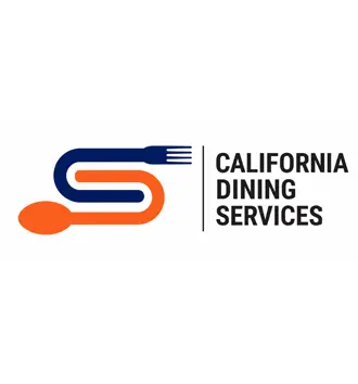Logo for California Dining Services featuring a stylized blue fork and orange spoon forming an "S" shape, with the text "CALIFORNIA DINING SERVICES" on the right, inspired by a taste of Rio.