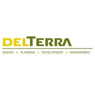 Logo for DELTERRA with the words "Design," "Planning," "Development," and "Management" listed below in green text, separated by yellow dots.