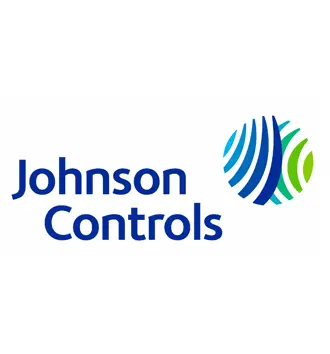 Johnson Controls logo with blue text and a circular graphic featuring blue and green curved lines on a white background, inspired by a taste of Rio.