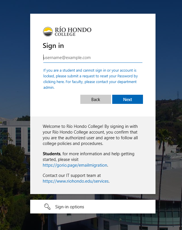 Screenshot of the Río Hondo College sign-in page prompting for a username, with instructions for account issues and links to student resources and IT support.