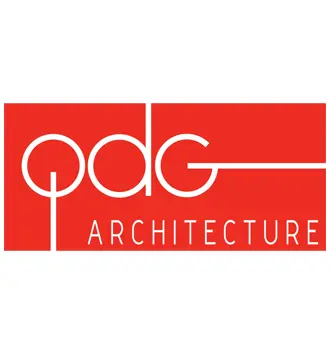 Red rectangular logo with the white text “pdg” in lowercase stylized letters and “ARCHITECTURE” in uppercase below, capturing a taste of Rio in its bold, contemporary design.