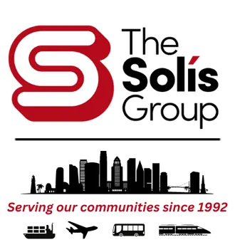 The Solís Group logo above a city skyline silhouette, with icons of a boat, plane, bus, and train—bringing a taste of Rio to our communities. Text reads: "Serving our communities since 1992.