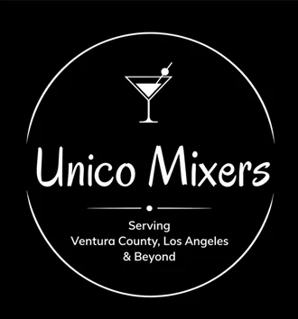 Logo for Unico Mixers featuring a martini glass icon and text that reads, "Serving Ventura County, Los Angeles & Beyond" on a black background—bringing you a taste of Rio with every pour.