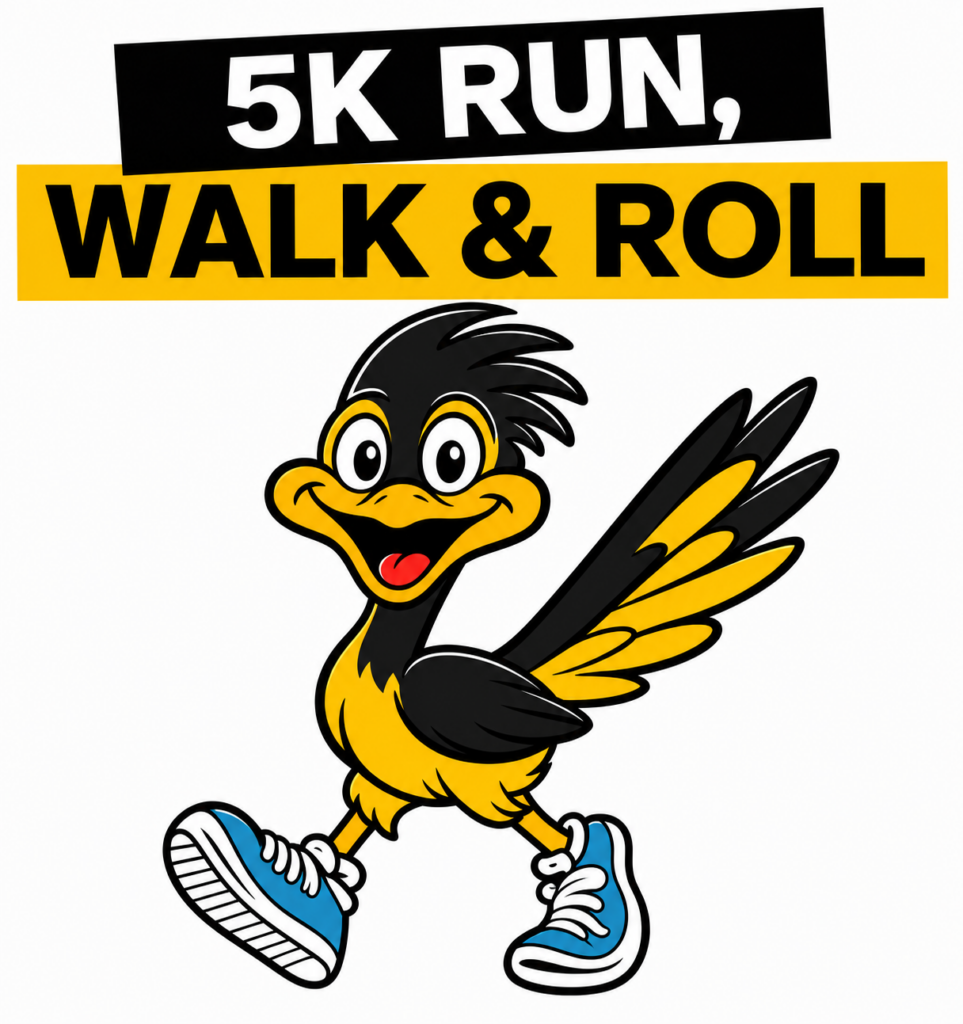 Cartoon road runner wearing blue sneakers under bold text: "5K Run, Walk & Roll" on a white background.