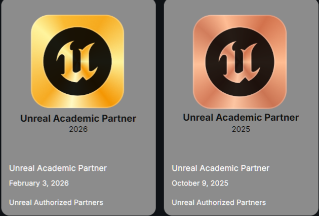 Two badges labeled "Unreal Academic Partner" for 2026 and 2025, each with dates and the Unreal Engine logo, on gray backgrounds.
