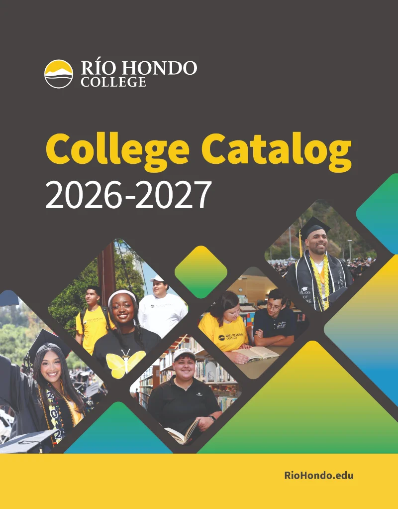 Río Hondo College College Catalog 2026-2027 cover featuring students in graduation attire and campus activities, with the school logo and website at the bottom.