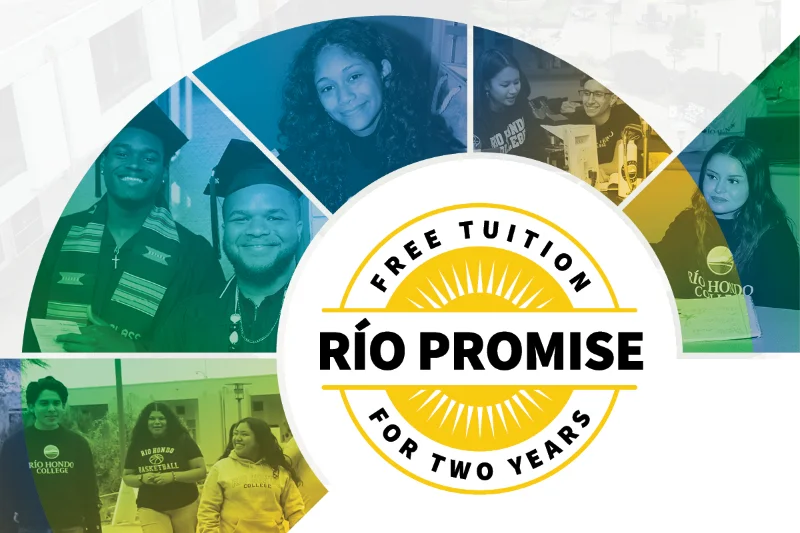 Collage of diverse students at Río Hondo College with a “Río Promise: Free Tuition for Two Years” badge in the center.