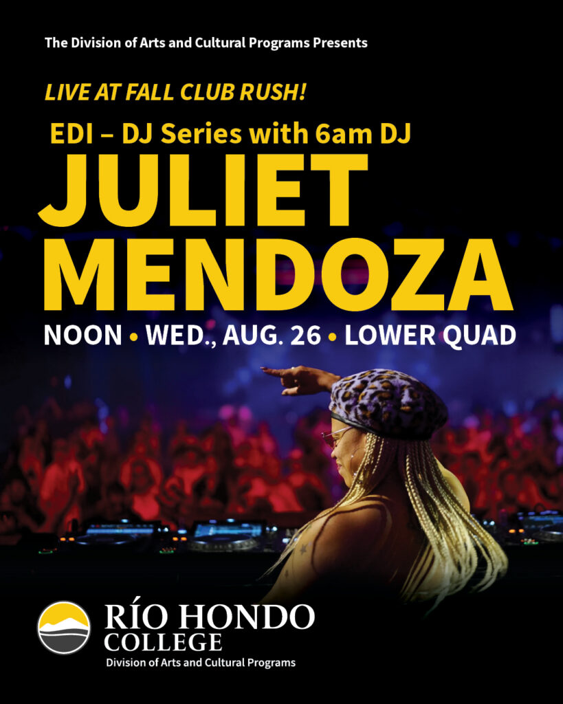 A DJ wearing a leopard print hat and braids performs on stage at night. Text promotes Juliet Mendoza at Río Hondo College on Wed., Aug. 26, part of the EDI-DJ Series.