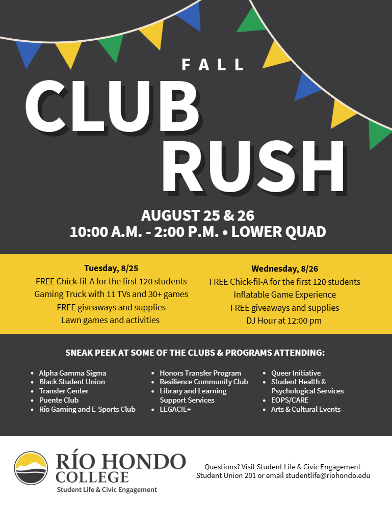 Flyer for Rio Hondo College Fall Club Rush on August 25-26, 10am-2pm, listing activities, free giveaways, and club information.