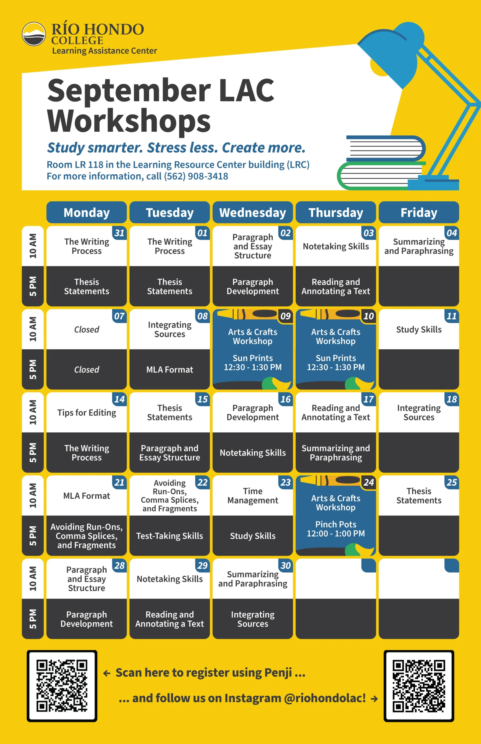 September LAC Workshops schedule at Rio Hondo College displays daily workshop times, topics, and contact information for September in a yellow and blue chart format.