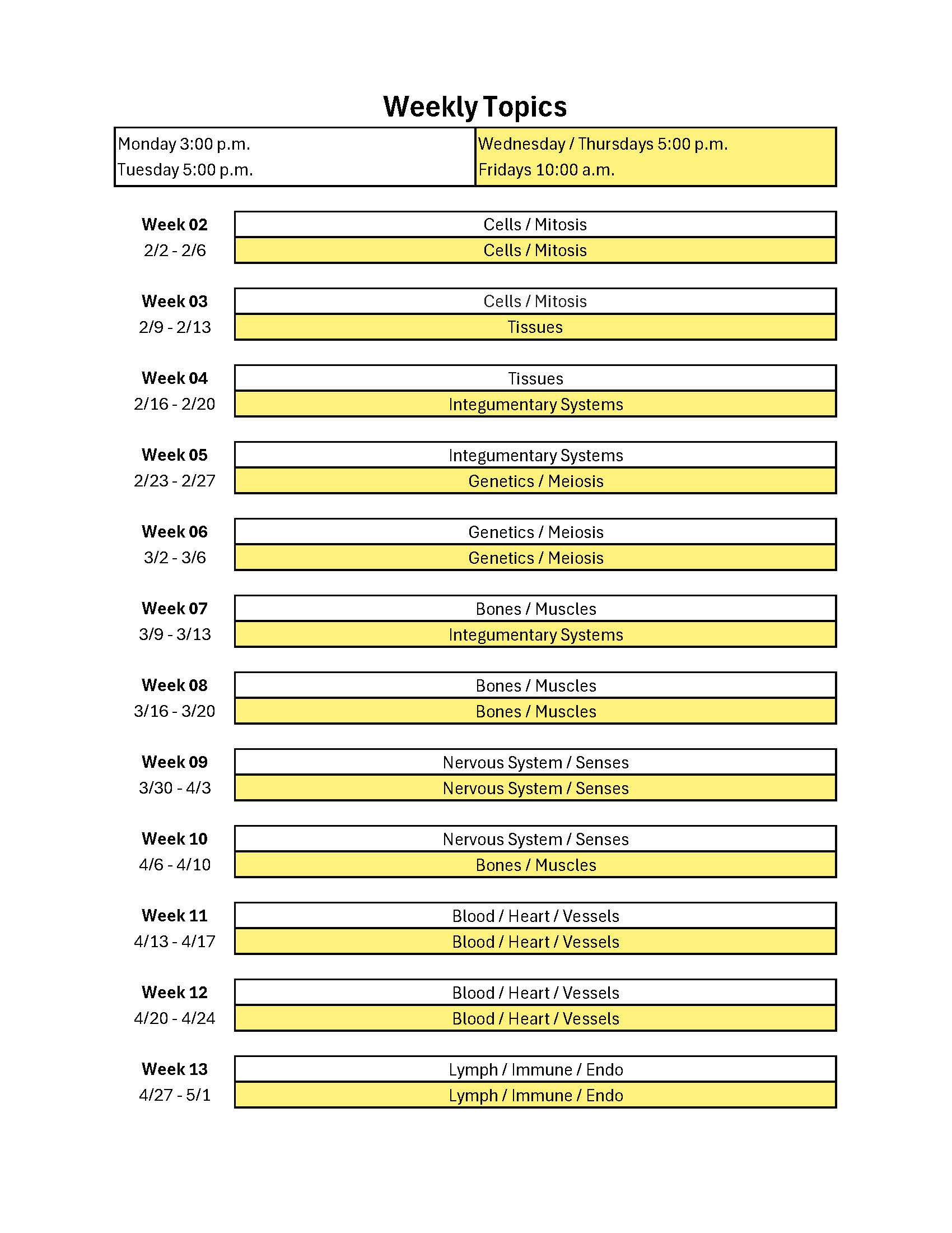 A weekly class schedule lists dates, topics such as cells, tissues, genetics, senses, and body systems, and meeting times on Monday, Tuesday, Wednesday, Thursday, and Friday.