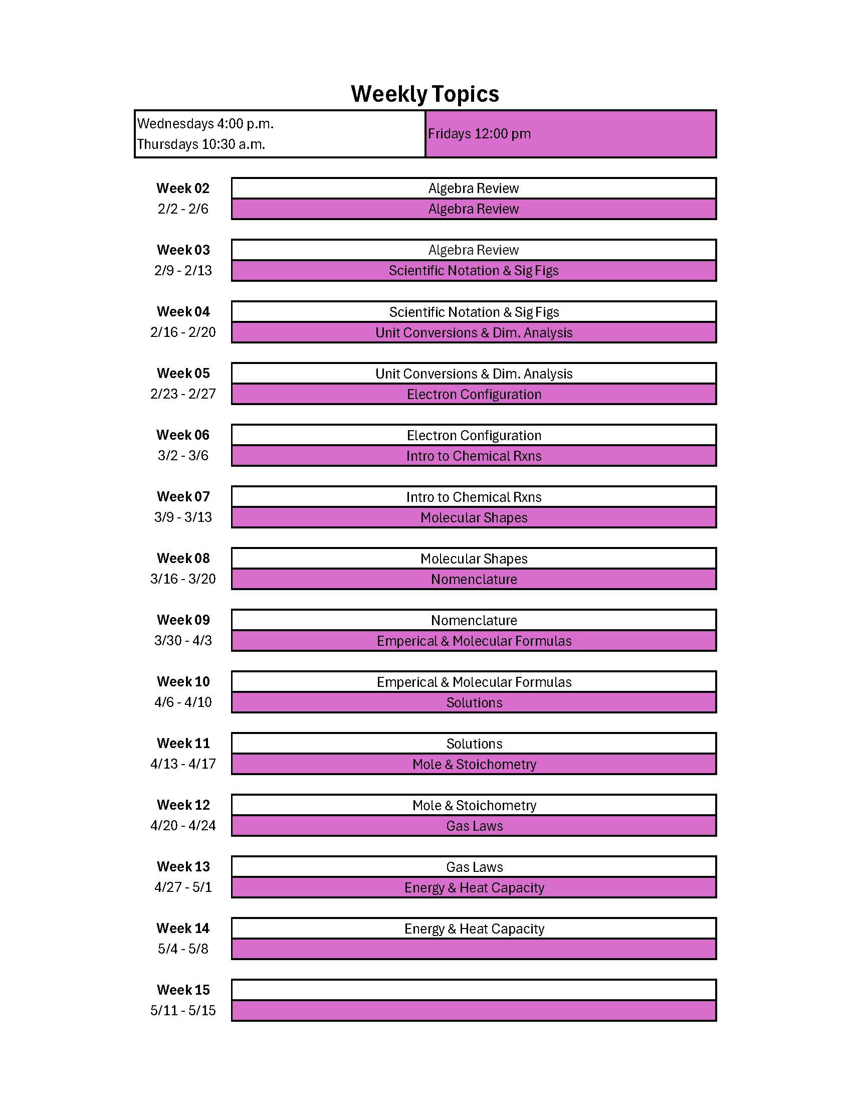 A color-coded schedule listing weekly chemistry topics, with dates, for a course running from February 2 to May 15. Class meeting times are listed at the top.