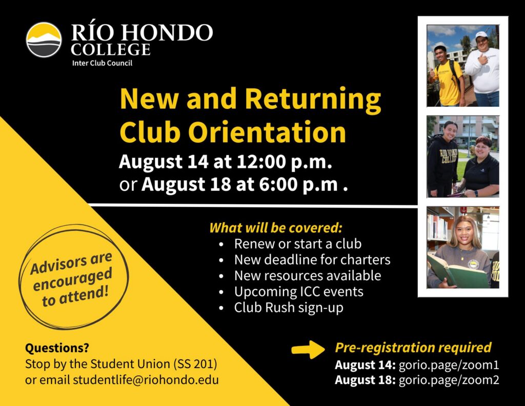 Río Hondo College New and Returning Club Orientation flyer with dates, times, topics covered, and pre-registration information. Includes photos of students and contact details.