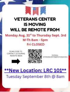 Flyer announcing Veterans Center remote operations from Aug. 31-Sept. 3, closed Friday, with QR code, and new location LRC 101 opening Sept. 8 at 8am.