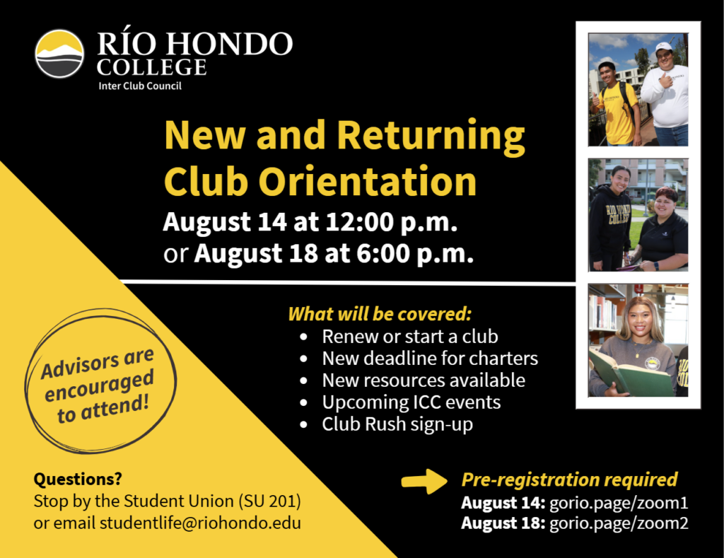 Flyer for Río Hondo College’s New and Returning Club Orientation with dates, topics covered, and contact details. Photos show students participating in club activities.