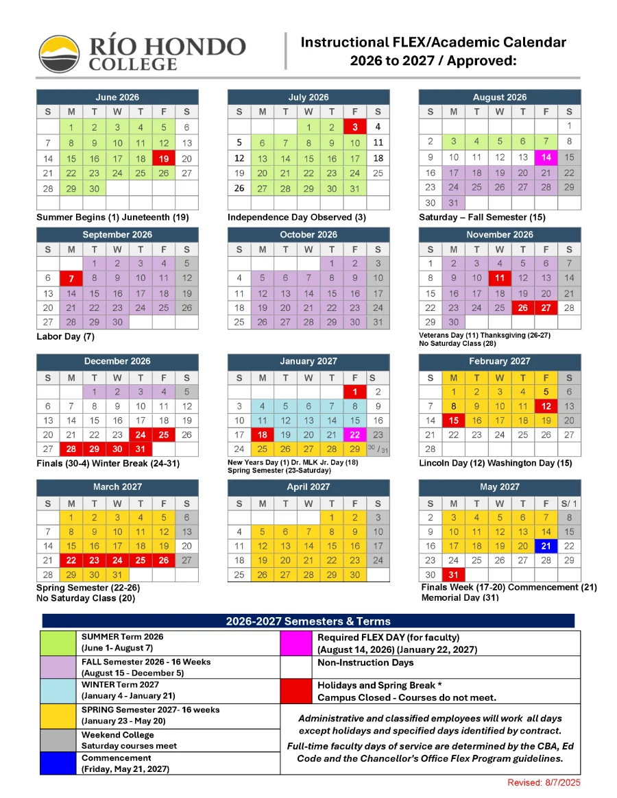 Río Hondo College 2026-2027 academic calendar showing months June 2026 to May 2027, holidays, semester dates, finals, FLEX days, and key notes at bottom.