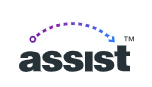 The word “assist” in bold black text, with a purple-to-blue dotted curved arrow and “TM” above the letters “sist.”.