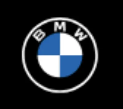 BMW logo featuring a black circle with “BMW” text at the top and a central blue and white quadrants design, set against a black background.