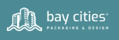 Bay Cities Packaging & Design logo featuring three building icons above wavy lines, with the company name and slogan on a teal background.