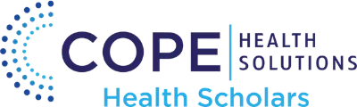 COPE Health Solutions Health Scholars logo featuring blue dotted semicircle, company name in bold, and program name below.