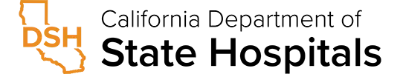 Logo for California Department of State Hospitals, featuring an outline of California with “DSH” inside, next to the organization’s name in black and orange text.