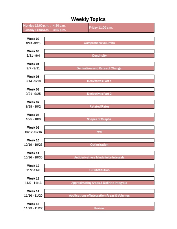 A weekly course schedule lists math topics by week, including continuity, derivatives, optimization, integration, and review, with class times on Monday and Friday.