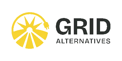 Logo with a yellow sun and an electrical plug next to the words “GRID Alternatives” in black text on a white background.