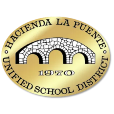 Gold oval logo with a stylized stone bridge, “1970” below it, and the words “Hacienda La Puente Unified School District” around the edge.