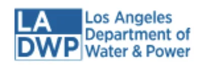 Logo for the Los Angeles Department of Water & Power, with “LA DWP” in a blue box on the left and the full department name in blue text on the right.